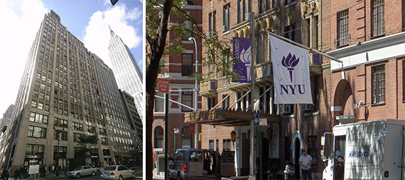 From left: 180 Madison Avenue and New York University's Greenwich Village campus