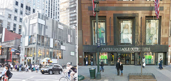 716-718 and 720 Lexington Avenue in Midtown East and American Eagle at 40 West 34th Street (Credit: Google Maps)