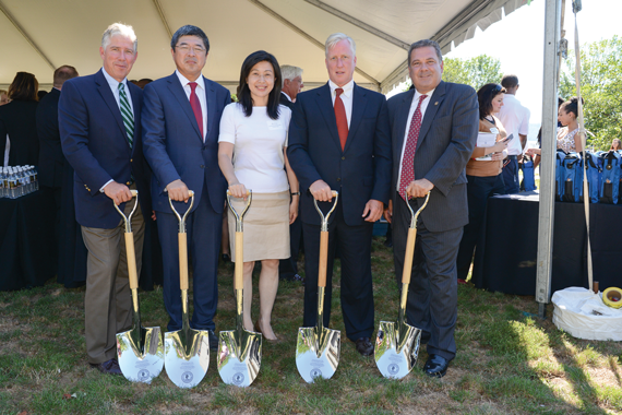 Left to right: Arthur Collins, Collins Enterprises; Ning Yuan, Strategic Capital; Yi Lui, Consulate General of China; Dwight Collins, Collins Enterprises; and Yonkers Mayor Mike Spano at the groundbreaking of the Hudson Park River Club.