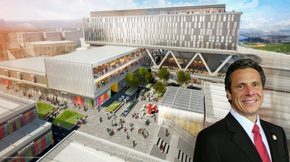 Rendering of Empire Outlets in Staten Island and Andrew Cuomo (Credit: Empire Outlets)