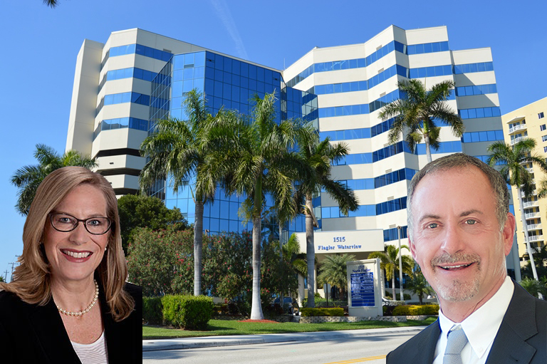 Flagler Waterview. Inset: Health Care District of Palm Beach CEO Darcy Davis and Neil Merin