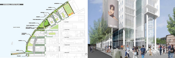 A map of the Greenpoint Landing redevelopment project (click to enlarge) and a rendering of 300 Ashland Place in Fort Greene (Credit: Brookfield Properties and Two Trees Management)