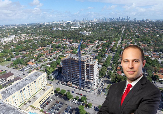 Aerial view of the Aura apartment building. Inset: Greystone Development CEO Jeffrey Simpson