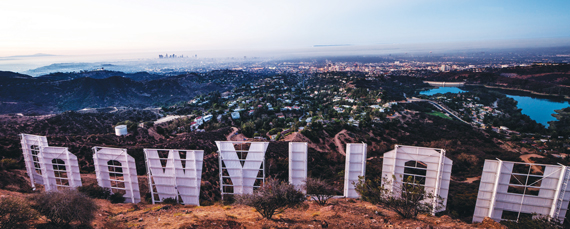 Looking out across Los Angeles from behind the famous sign in the Hollywood Hills