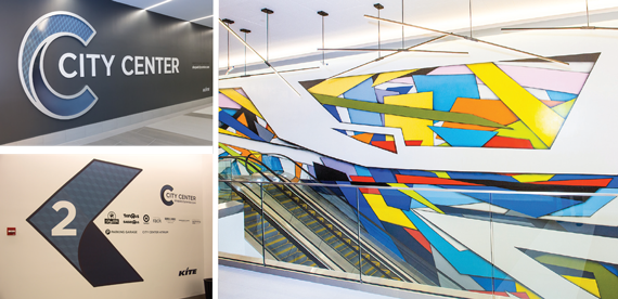 Improvements by the Kite Realty Group Trust at City Center ranged from extensive signage designed to better guide shoppers around the mall to locally commissioned art, such as a colorful mural by Piero Manrique.