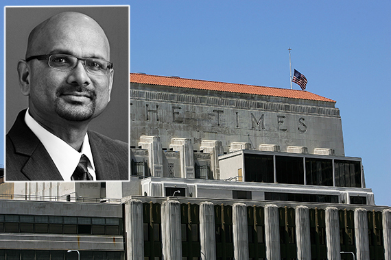 Los Angeles Times publisher and editor-in-chief Davan Maharaj and the Times building 202 West 1st Street (Credit: Getty, UCR Today)