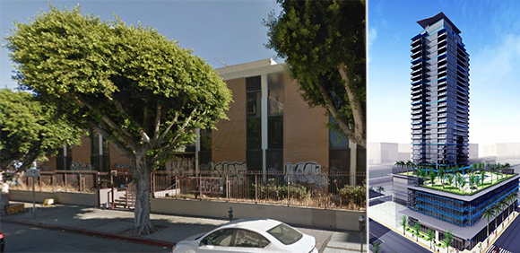 The Class C office at 1247 West 7th Street and an old rendering of the tower (Credit: Google Earth, Loopnet)