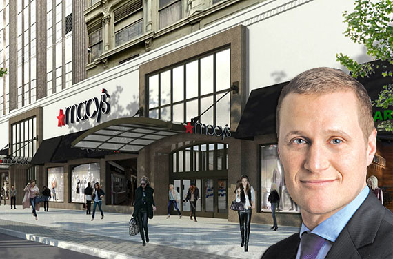 Rendering of renovated exterior at Macy's Downtown Brooklyn location (credit: FRCH Design Worldwide) and Rob Speyer