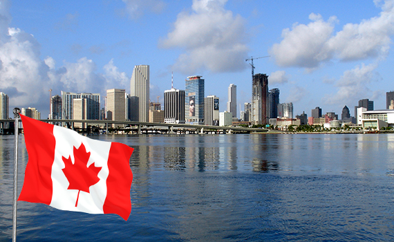 Miami skyline. Inset: Canadian flag