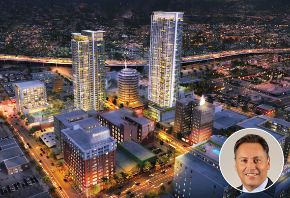 A rendering of Millennium Hollywood, a 492-unit condominium under construction at 1720 North Vine Street. Inset: AvalonBay Chairman and CEO Timothy Naughton.