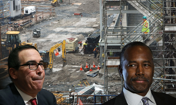 From left: Steven Mnuchin, a NYC construction site and Ben Carson (Credit: Getty Images)