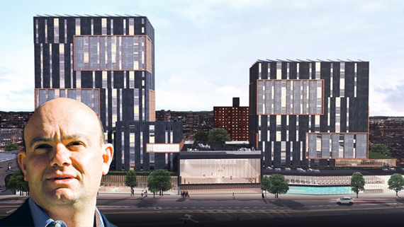 Eugene Schneur and a rendering of The Proposed Building On 168th Street (Credit: Omni New York via Crain's)
