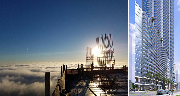 View from the 76th floor of Panorama and a rendering of the tower (Credit: Florida East Coast Realty)