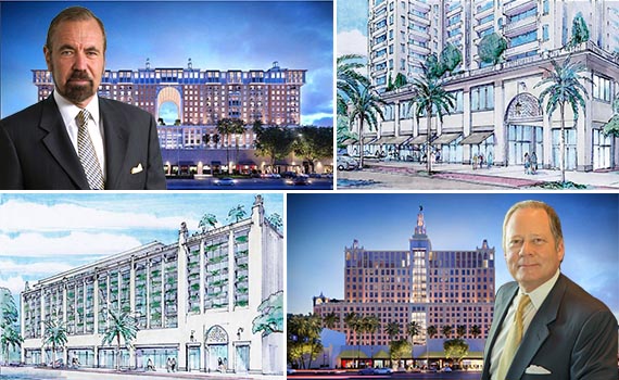 Clockwise from left: Renderings of Coral Gables City Center, TC Gables. Inset: Jorge Perez and Allen Morris