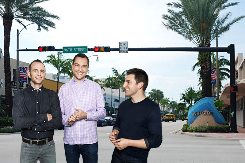 Surfside. Inset: Airbnb founders Joe Gebbia, Nathan Blecharczyk and Brian Chesky