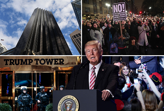 Trump Tower, Secret Service and Protesting outside the tower, First Lady Melania and President Donald Trump (Credit: Getty Images)