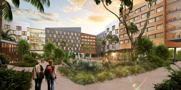 Rendering of University of Miami dormitory complex designed by Arquitectonica