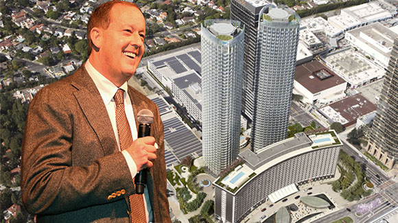 Woodridge CEO Michael Rosenfeld and a rendering of the Century Plaza project at 2025 Avenue of the Stars (Credit: Getty, Next Century Partners)