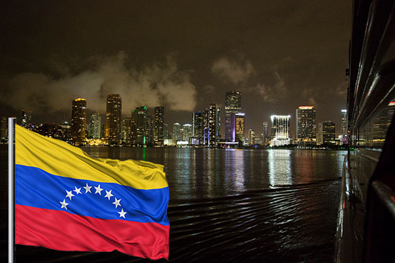 Downtown Miami skyline (Credit: Getty Images). Inset: Venezuelan flag