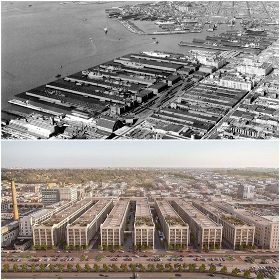 Industry City in a 1958 photo (above) vs. a rendering of the revamped Industry City in Brooklyn (below) (Source: Wikipedia Commons/Industry City)
