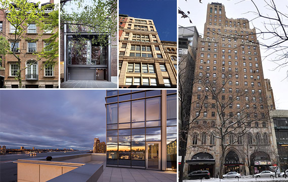 Clockwise from left: 427 East 85th Street, 101 East 63rd Street, 5 East 16th Street, 2166 Broadway and 50 Riverside Boulevard