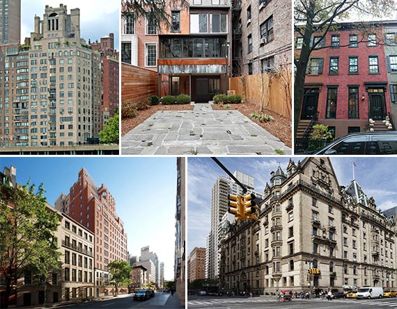 Clockwise from left: 10 Gracie Square, 144 Waverly Place, 26 Bank Street, 1 West 72nd Street and 21 East 61st Street