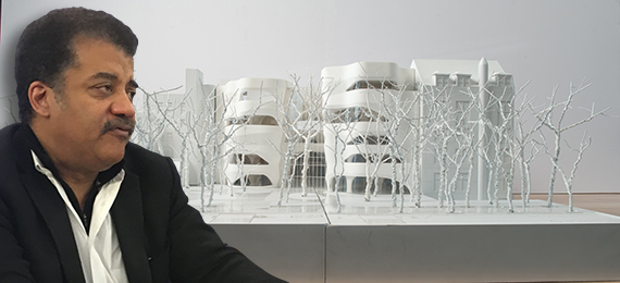 Neil deGrasse Tyson and a rendering of the Gilder Center (credit: Studio Gang Architects)