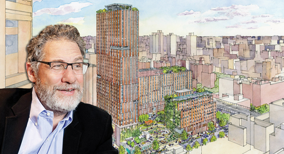 Jonathan Rose and a drawing for Sendero Verde in East Harlem (Credit: STUDIO SCRIVO and Handel Architects via Politico)