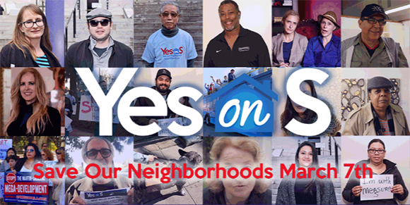 Banner from the "Yes on S" campaign