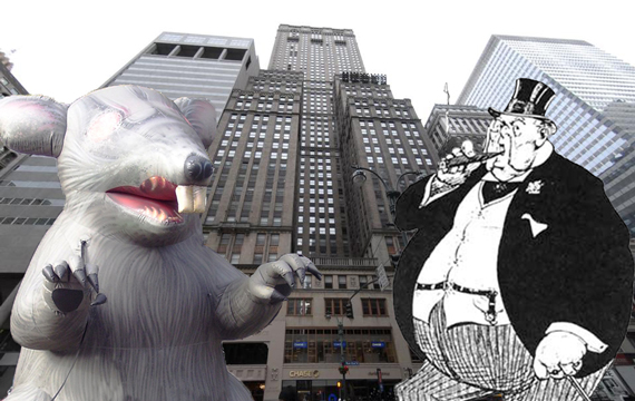 From left: Inflatable rat, One Grand Central Place and a caricature of a fat cat