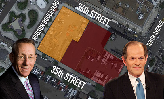 From left: Related's Stephen Ross and 517 West 35th Street (orange) and Eliot Spitzer and neighboring parcels (red) (Credit: Google Maps and Getty Images)