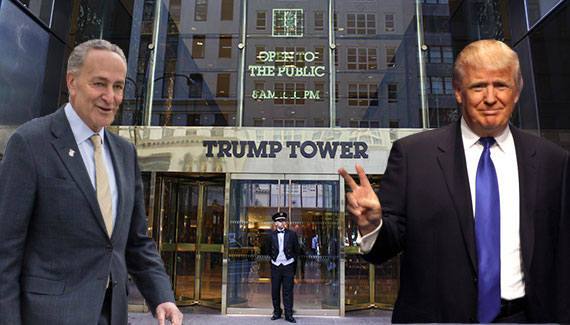 Senator Chuck Schumer and President Donald Trump with Trump Tower on Fifth Avenue