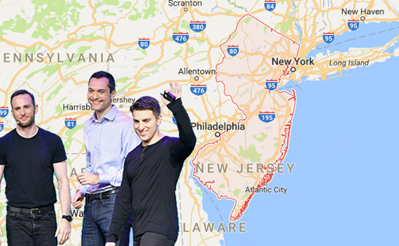 From left: Airbnb's Joe Gebbia, Nathan Blecharczyk, Brian Chesky and a map of New Jersey (Credit: Getty Images and Google Maps)