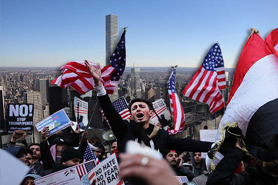 People protesting the immigration ban and the NYC skyline, Including 432 Park Avenue (Credit: Getty Images)