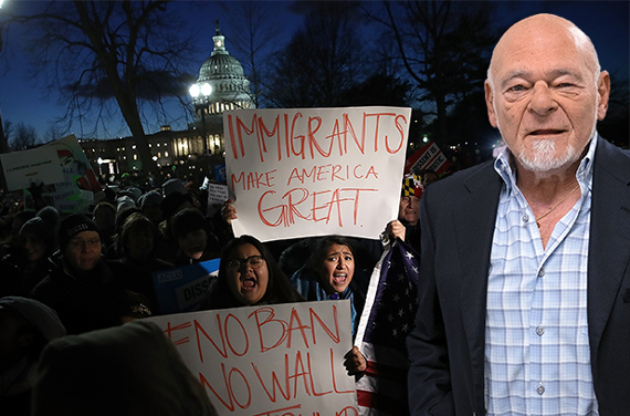 Sam Zell and protesters calling for an end to the travel ban in Washington D.C. (Credit: Getty Images)