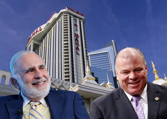 From left: Carl Icahn, Steve Sweeney and the Trump Taj Mahal casino (Credit: Getty Images and Andrew Borysowski)