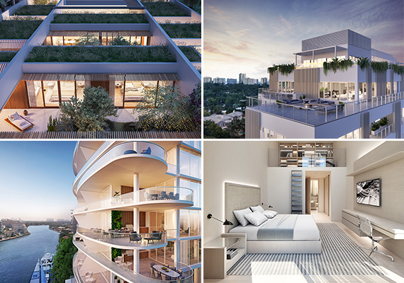 Clockwise from left: Renderings of 1111 Lincoln Residences, Eleven on Lenox, Ritz-Carlton Residences, Miami Beach and AquaBlu