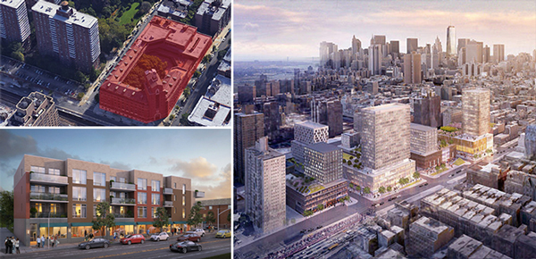 Clockwise from top left: 543 West 122nd Street, a rendering of Essex Crossing and a rendering of 31-19 56th Street