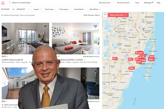 A screen shot of Airbnb listings in Miami and Mayor Tomas Regalado