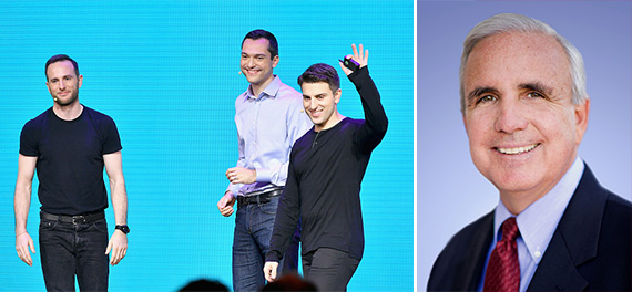Airbnb's Joe Gebbia, Nathan Blecharczyk and Brian Chesky (Credit: Getty Images) and Miami-Dade Mayor Carlos Gimenez