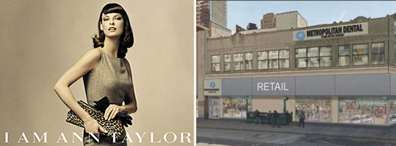 An Ann Taylor ad and a rendering of 447 Fulton Street in Brooklyn