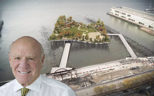 Barry Diller and a rendering of Pier 55 (Credit: Pier 55 Inc via Curbed)