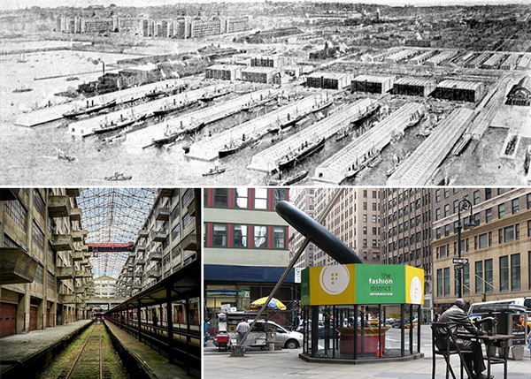 Clockwise from left: Bush Terminal, the Garment District and the Brooklyn Army Terminal