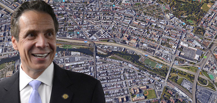 Gov. Andrew Cuomo (credit: Wikimedia Commons) and the Sheridan Expressway in the South Bronx (credit: Google Maps)