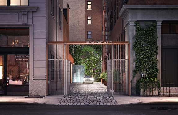 A rendering of the alley with a new gate and a car idling in the alley by 1 Great Jones Alley