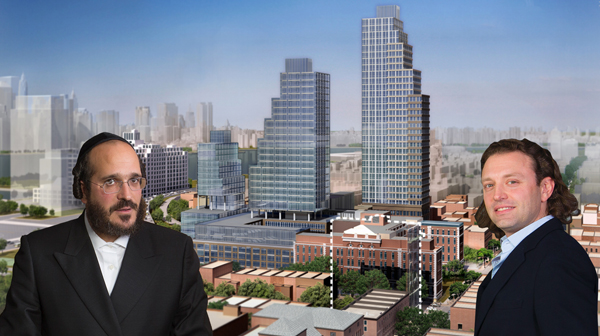 From left: Joel Kestenbaum, a rendering for the Long Island College Hospital redevelopment in Cobble Hill and Jonathan Landau (Credit: CityRealty and Larry Ford)