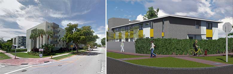 Normandy Living street view and a rendering (via Miami Herald)