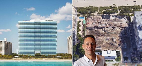 Rendering of Oceana and an aerial view of the construction site. Inset: Bal Harbour resident Doug Rudolph