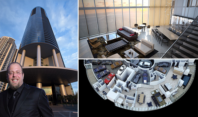 From left: A photo of Porsche Design Tower and renderings of the penthouse. Inset: developer Gil Dezer
