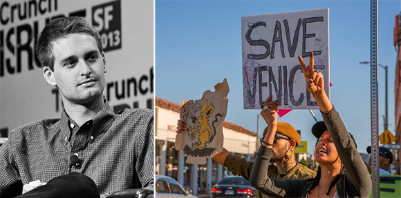 Snapchat founder Evan Spiegel and protesters in Venice (Credit: Wikipedia, Instagram user @chance_foreman)